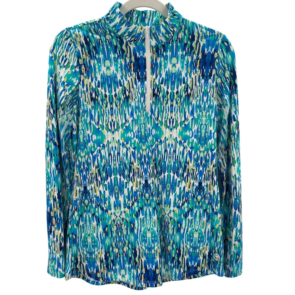 Tribal Sport Athletic UPF Golf Blue Green Abstract Mock Neck 1/4 Zip‎ Pullover S